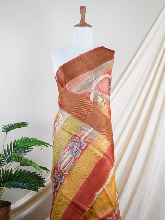 Tussars Peach 100% Pure Tussar - Manoranjitham Weaves - Handloom Store