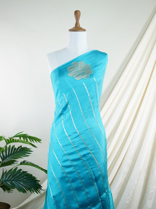 Katan Cyan Blue 100% Pure Katan Silk - Manoranjitham Weaves - Handloom Store