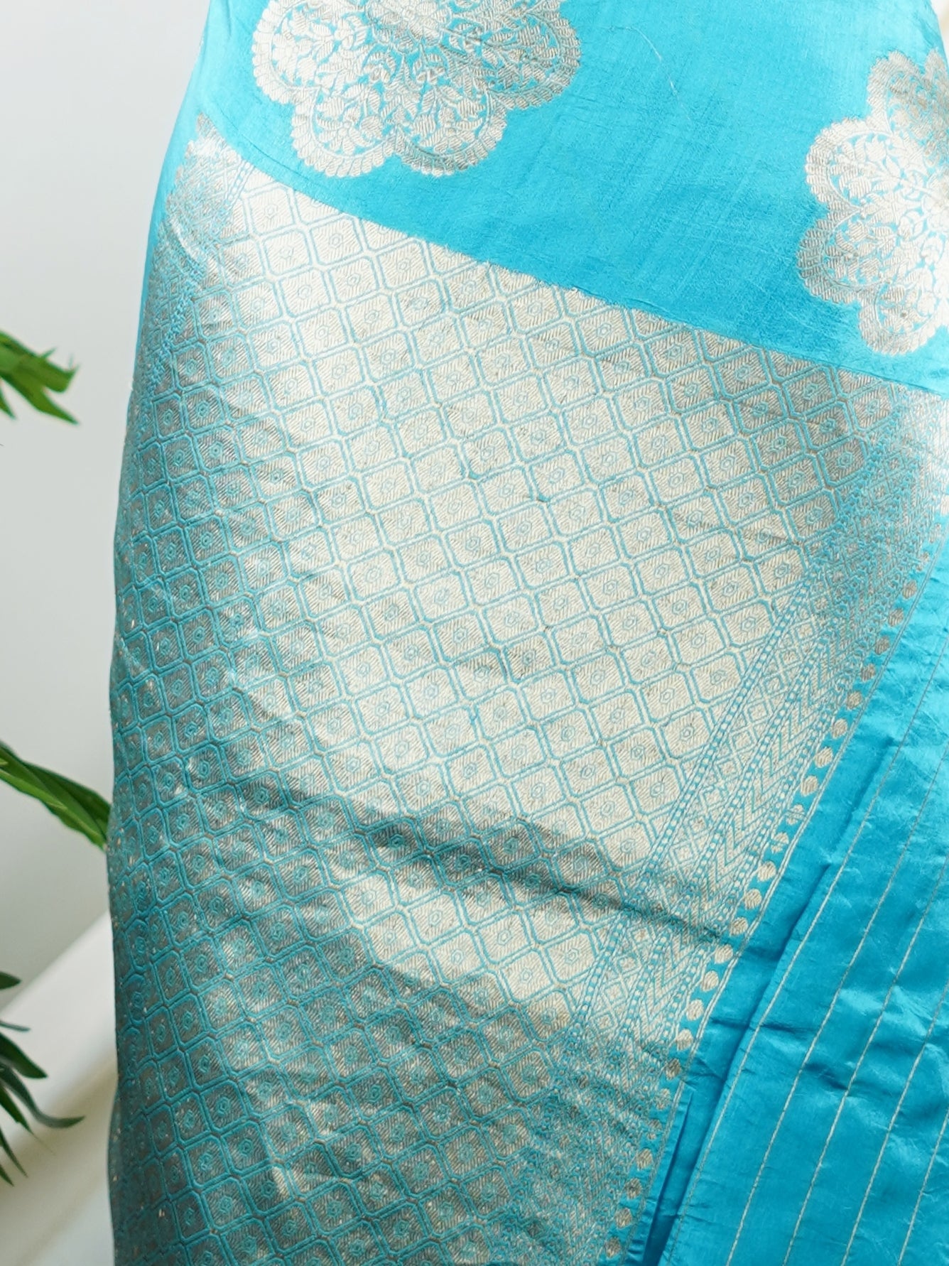 Katan Cyan Blue 100% Pure Katan Silk - Manoranjitham Weaves - Handloom Store