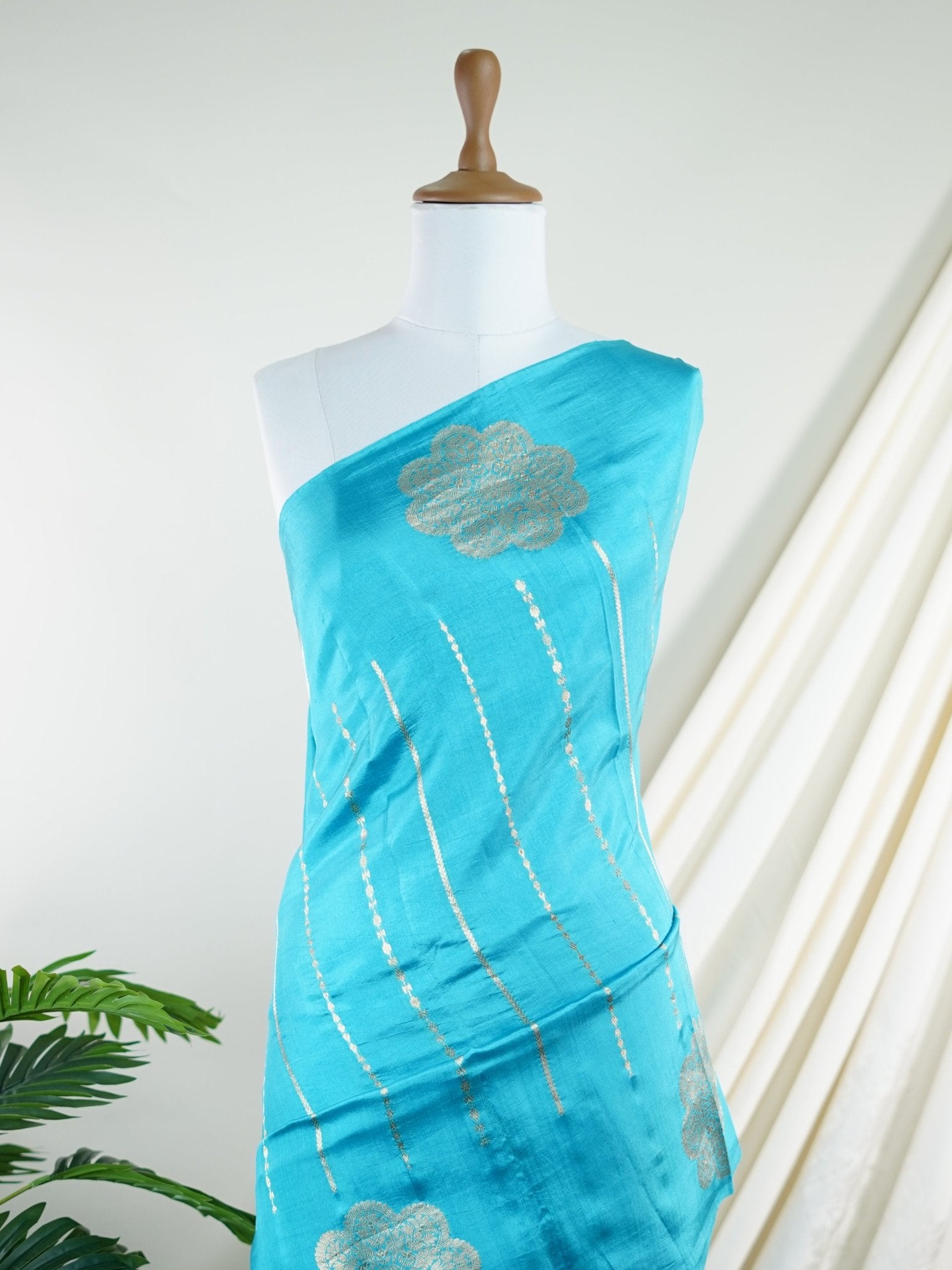 Katan Cyan Blue 100% Pure Katan Silk - Manoranjitham Weaves - Handloom Store