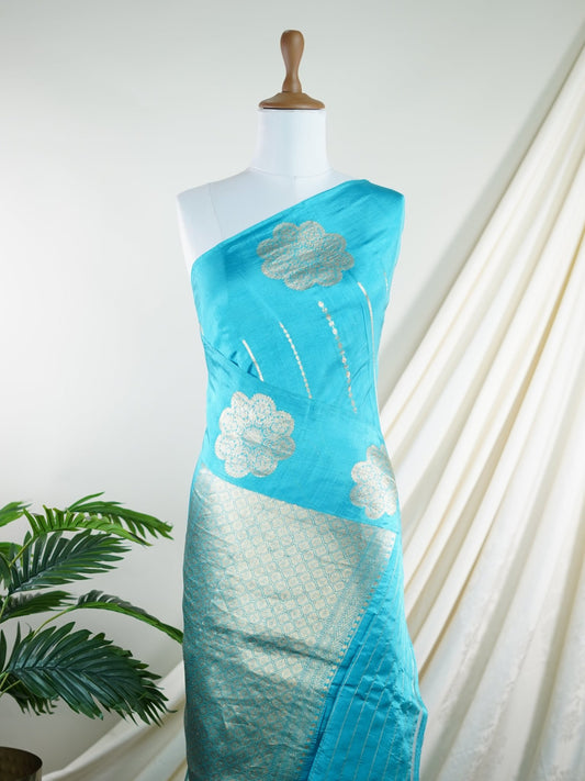 Katan Cyan Blue 100% Pure Katan Silk - Manoranjitham Weaves - Handloom Store