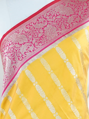 Katan Bright and joyful, this Katan semi silk saree from Varanasi features vivid yellow softened by pink stripes that lend it a playful rhythm. The silk's gentle sheen pairs with the structured weave to create a look that's both traditional and refreshingly modern.br
#KatanSemiSilk #StripedSaree #YellowAndPink #VaranasiWeaves #HandloomCharm #Manoranjitham #ManoranjithamStyle Neelima - Semi Silk Saree | Nan Zari Work | Handwoven - Manoranjitham Weaves - Handloom Store