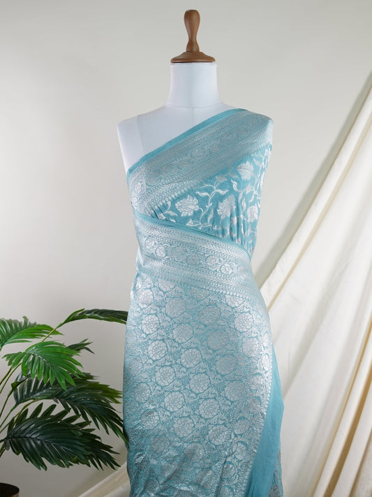 Katan Blue Georgette - Manoranjitham Weaves - Handloom Store