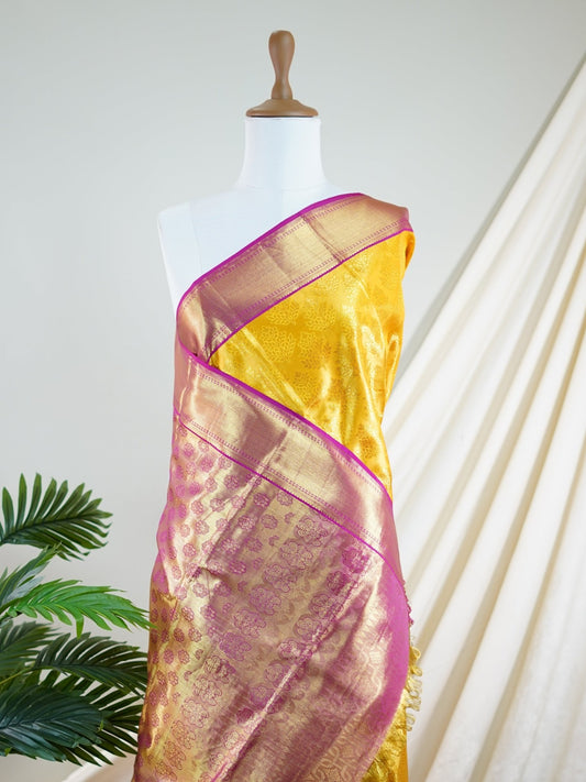 Kanchipuram Silk Yellow 100% Pure Silk  - Manoranjitham Weaves - Handloom Store