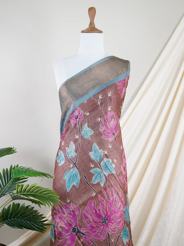 Tussars A Tussar saree with digital print and intricate Aari Peeta work, combining contemporary style with delicate handcraft. Rageshreea - Tussar Silk Saree | Digital Print - Manoranjitham Weaves - Handloom Store