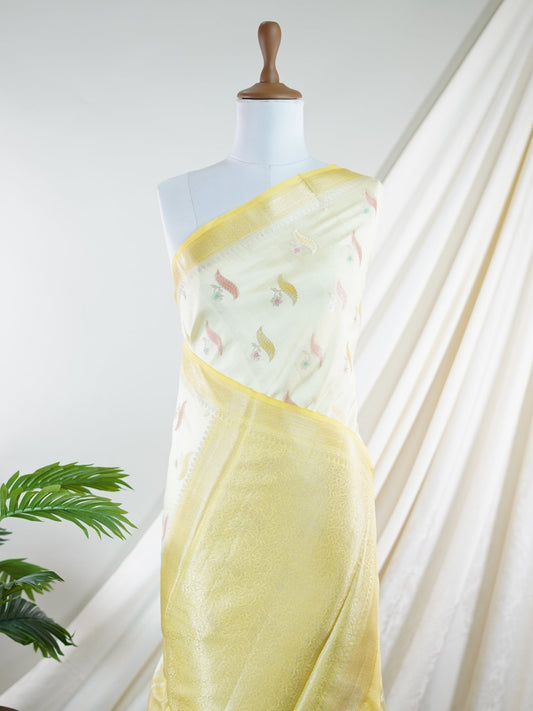 Chiniya Silk Yellow 100% Pure Katan Soft Silk - Manoranjitham Weaves - Handloom Store