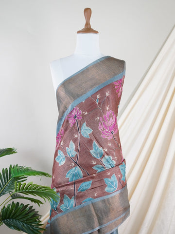Tussars A Tussar saree with digital print and intricate Aari Peeta work, combining contemporary style with delicate handcraft. Rageshreea - Tussar Silk Saree | Digital Print - Manoranjitham Weaves - Handloom Store