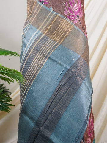 Tussars A Tussar saree with digital print and intricate Aari Peeta work, combining contemporary style with delicate handcraft. Rageshreea - Tussar Silk Saree | Digital Print - Manoranjitham Weaves - Handloom Store