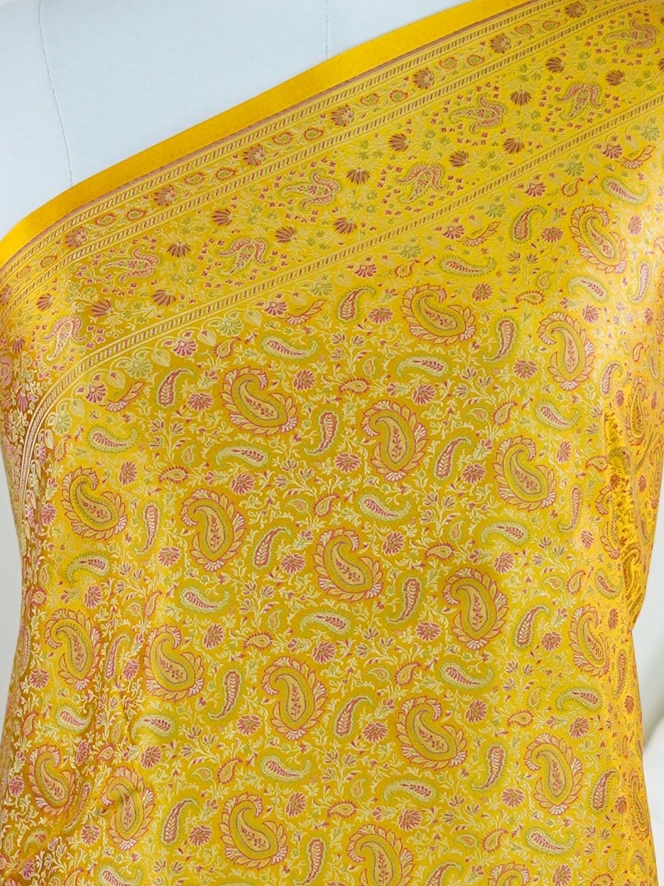 Katan Yellow Semi Mushru - Manoranjitham Weaves - Handloom Store