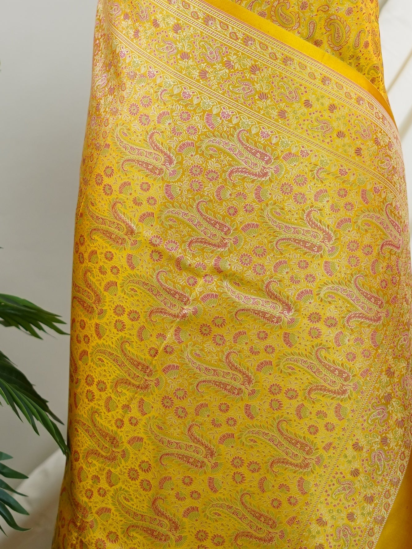 Katan Yellow Semi Mushru - Manoranjitham Weaves - Handloom Store