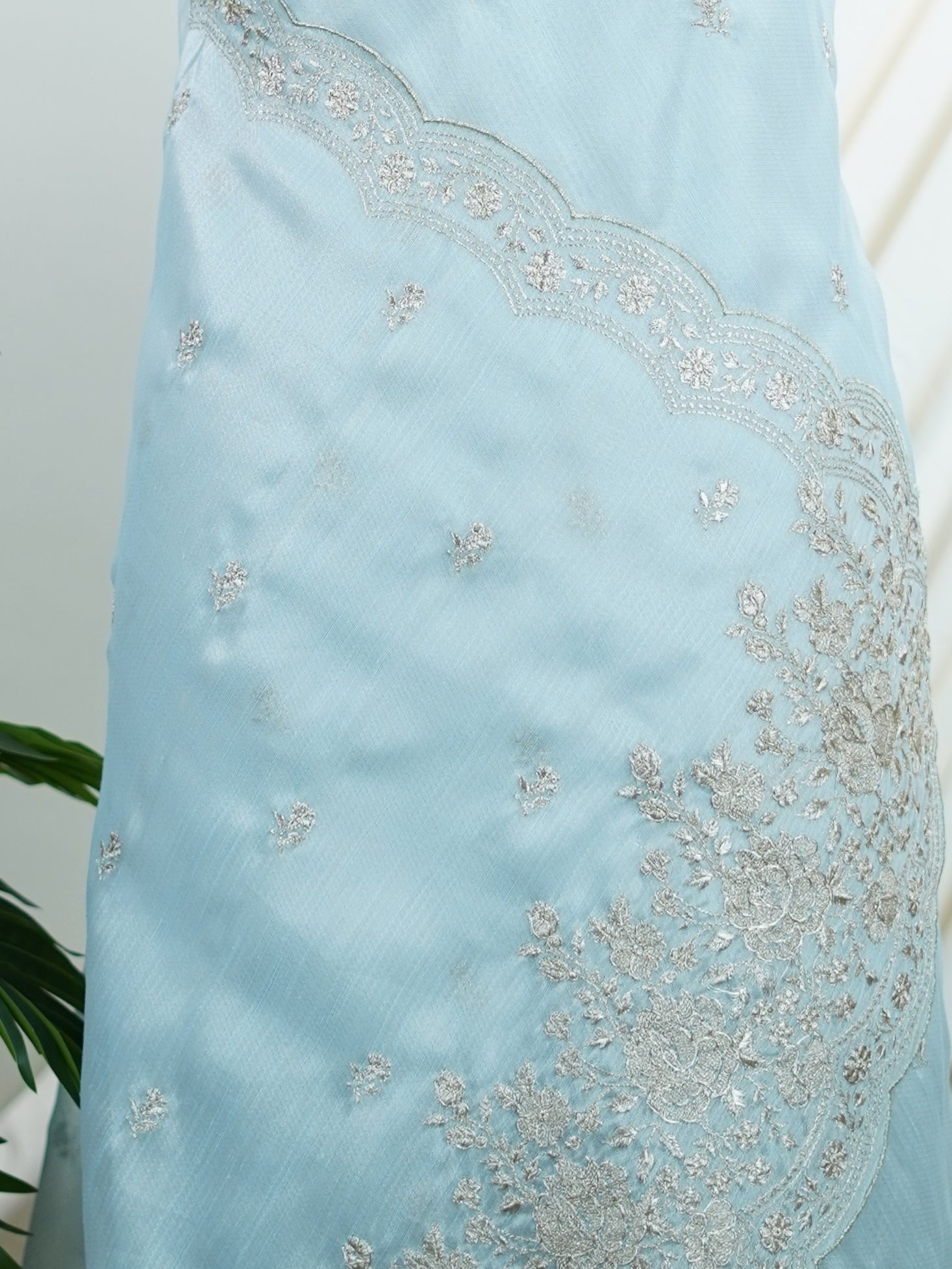 Katan Powder Blue 100% Pure Tissue - Manoranjitham Weaves - Handloom Store