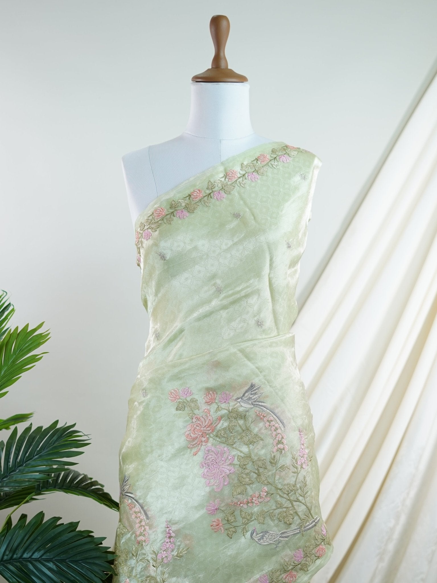 Katan Pista Green 100% Pure Tissue - Manoranjitham Weaves - Handloom Store