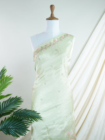 Katan Woven in the storied looms of Varanasi, this tissue saree is a luminous canvas of delicate embroidery. Its gossamer sheen and intricate handwork come together in a drape that feels both weightless and regal. A graceful choice for celebrations that call for quiet opulence. #TissueSaree #EmbroideredElegance #VaranasiHandloom #SheerLuxury #TimelessDrape Sadhana - Manoranjitham Weaves - Handloom Store