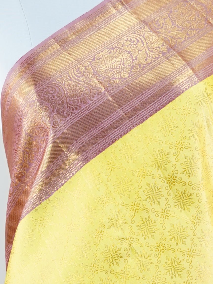 Kanchipuram Silk Yellow  100% Pure Silk  - Manoranjitham Weaves - Handloom Store