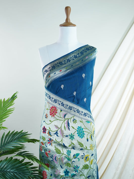 Georgette Blue Tussar Georgette - Manoranjitham Weaves - Handloom Store