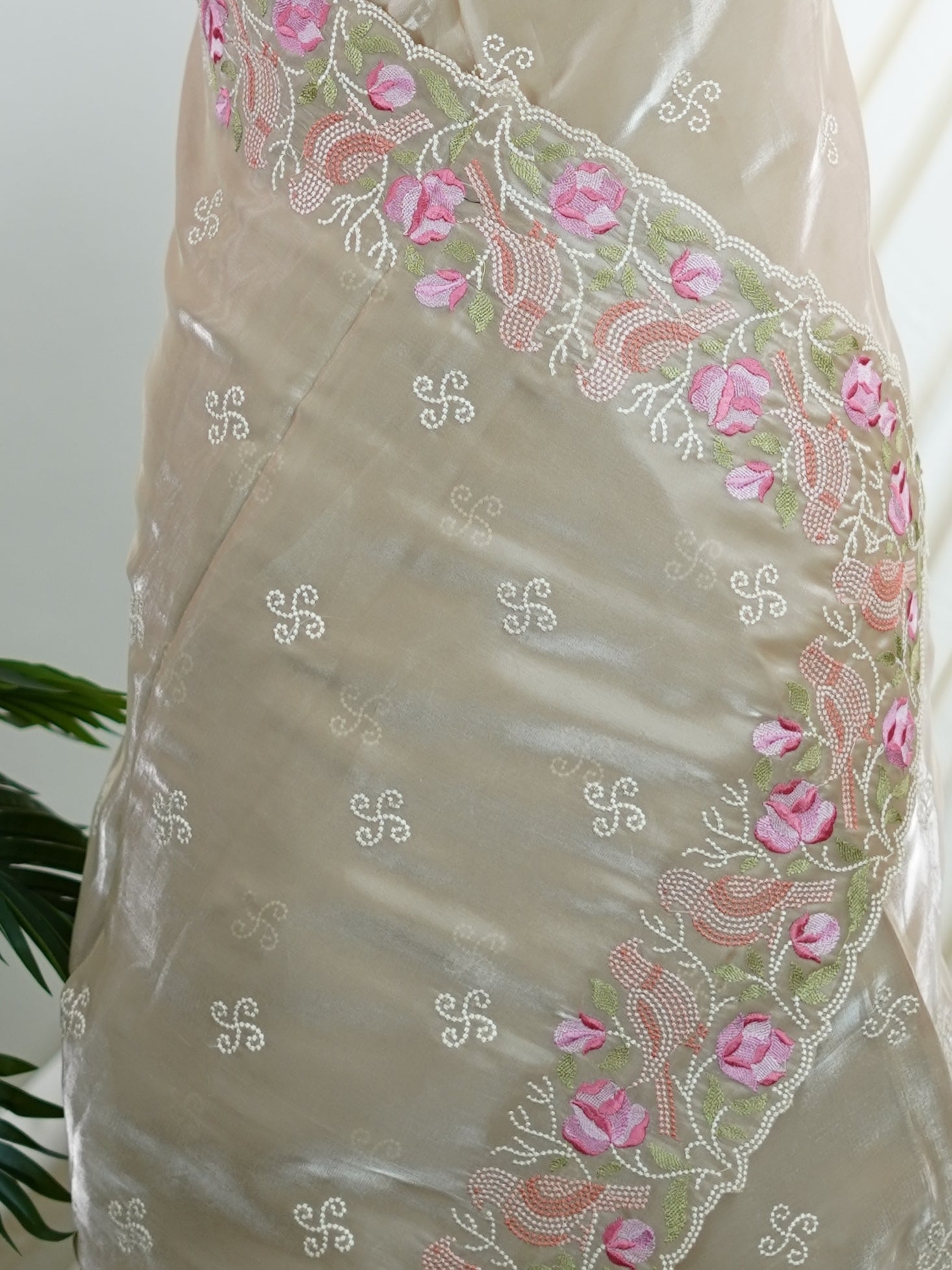 Katan Beige 100% Pure Tissue - Manoranjitham Weaves - Handloom Store