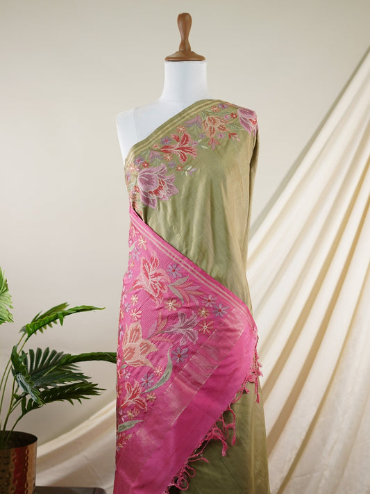 Kanchipuram Silk Olive Green 100% Pure Silk  - Manoranjitham Weaves - Handloom Store