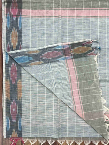 Bengal Cottons Turquoise South Cotton with Ikkat Style Borders &amp; Grey Blouse Ranjani - Cottons & Linens saree - Manoranjitham Weaves - Handloom Store