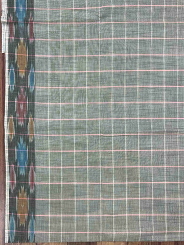 Bengal Cottons Turquoise South Cotton with Ikkat Style Borders &amp; Grey Blouse Ranjani - Cottons & Linens saree - Manoranjitham Weaves - Handloom Store