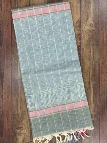 Bengal Cottons Turquoise South Cotton with Ikkat Style Borders &amp; Grey Blouse Ranjani - Cottons & Linens saree - Manoranjitham Weaves - Handloom Store