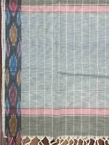 Bengal Cottons Turquoise South Cotton with Ikkat Style Borders &amp; Grey Blouse Ranjani - Cottons & Linens saree - Manoranjitham Weaves - Handloom Store