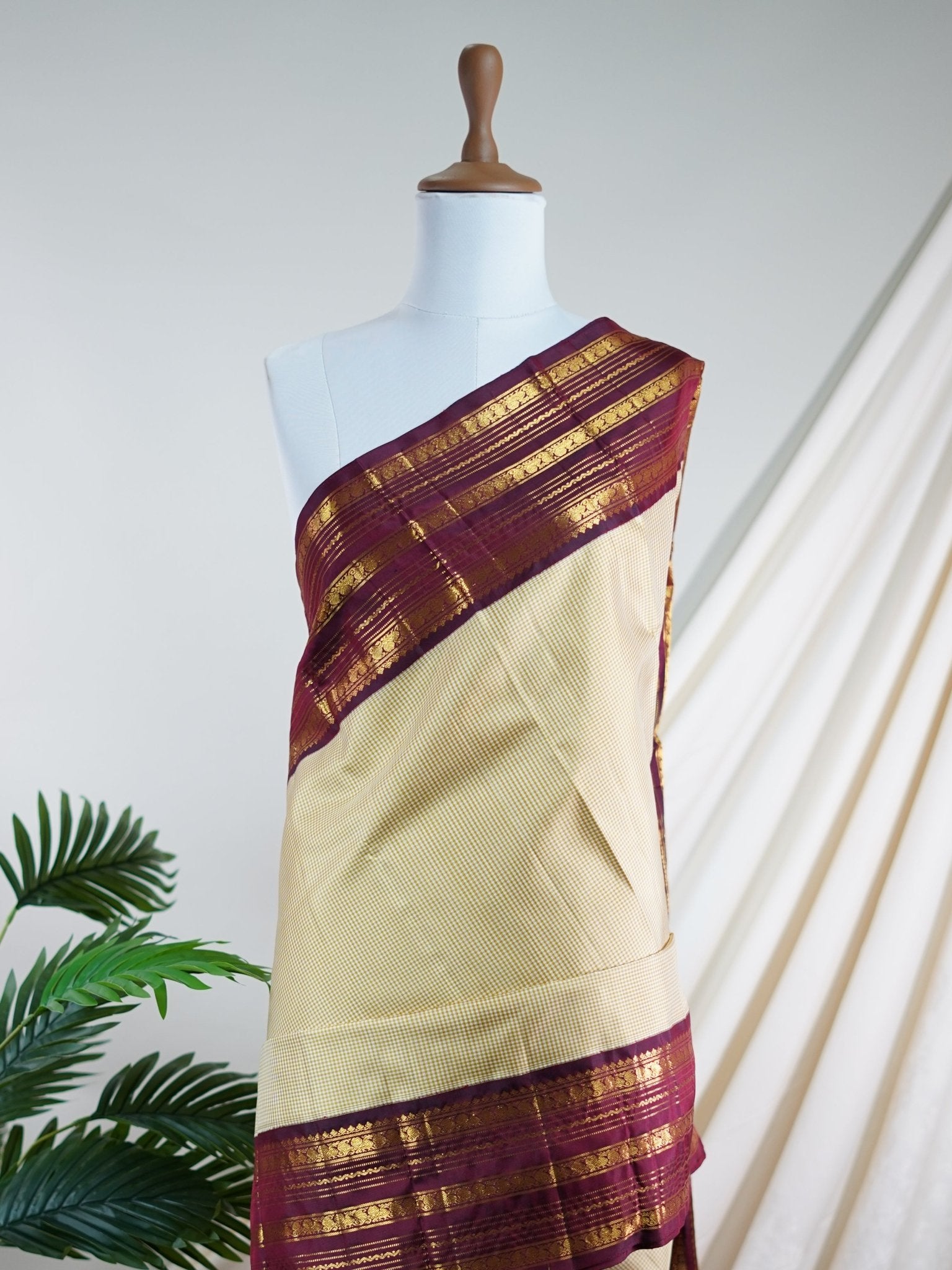 Kanchipuram Silk Cream 100% Pure Silk  - Manoranjitham Weaves - Handloom Store