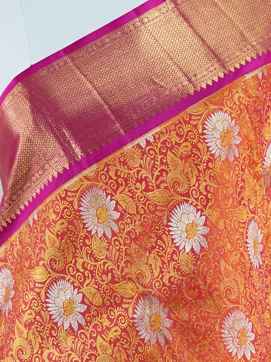 Kanchipuram Silk Orange  100% Pure Silk  - Manoranjitham Weaves - Handloom Store