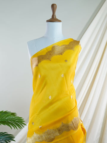 Katan An exquisite creation from Varanasi, this glass tissue saree is adorned with delicate embroidery and refined ari pita work. Its sheer texture catches the light with every fold, while the intricate detailing adds depth and artistry. A luminous drape for occasions steeped in grace and tradition. Tarakeshi - Manoranjitham Weaves - Handloom Store