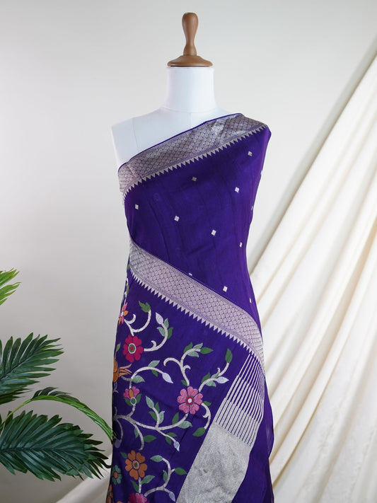 Georgette Violet Tussar Georgette - Manoranjitham Weaves - Handloom Store