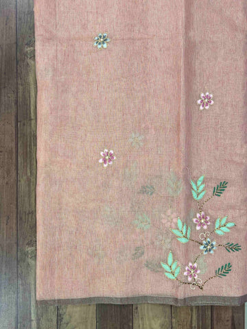tissue This 100% Pure Cotton silk saree, adorned in Pink  and detailed with Semi Pure Zari weaving, reflects the grandeur of Rajasthan. The timeless Handprint motifs enhance its bridal charm. A perfect blend of luxury and tradition, it is designed for those who appreciate fine craftsmanship. Suruti - Cottons & Linens saree - Manoranjitham Weaves - Handloom Store