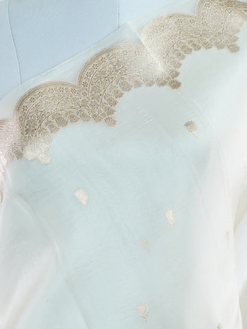 Katan An exquisite creation from Varanasi, this glass tissue saree is adorned with delicate embroidery and refined ari pita work. Its sheer texture catches the light with every fold, while the intricate detailing adds depth and artistry. A luminous drape for occasions steeped in grace and tradition. Usha - Banarasi Katan Silk Saree | Ari Pita Work - Manoranjitham Weaves - Handloom Store